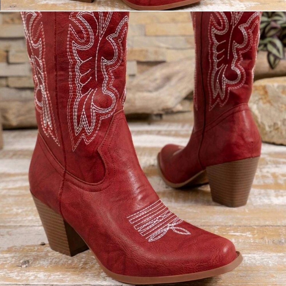 Women's Western Style Embroidered Mid-Calf Boots With Pointed Toe, Chunky Heel - Picture 2 of 4